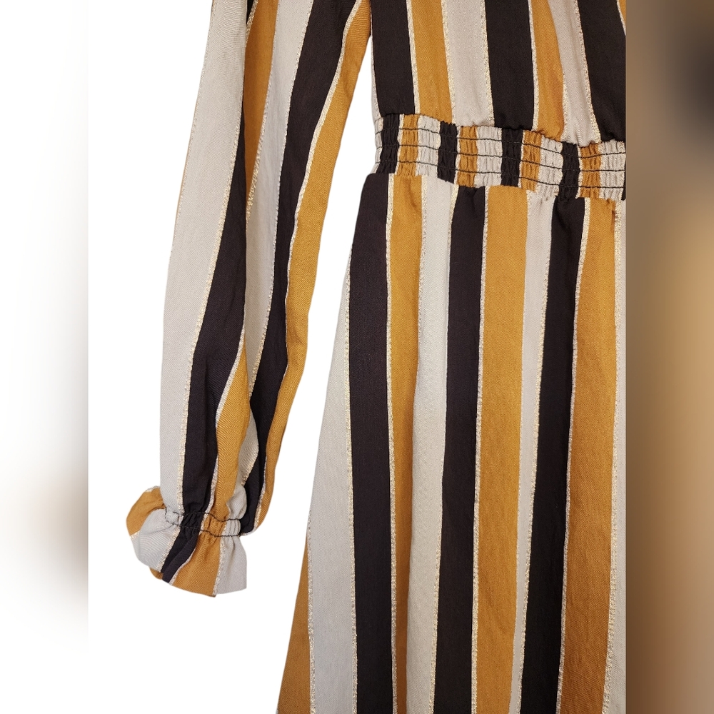 SEZANE Titiane Midi Dress, Hazel Tan & Gold Stripes, FR36/US4 - Picture 3 of 8